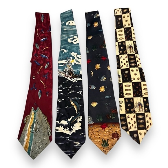 FOUR Vintage Silk Ties Fishing Novelty Prints Made in USA - Picture 1 of 14
